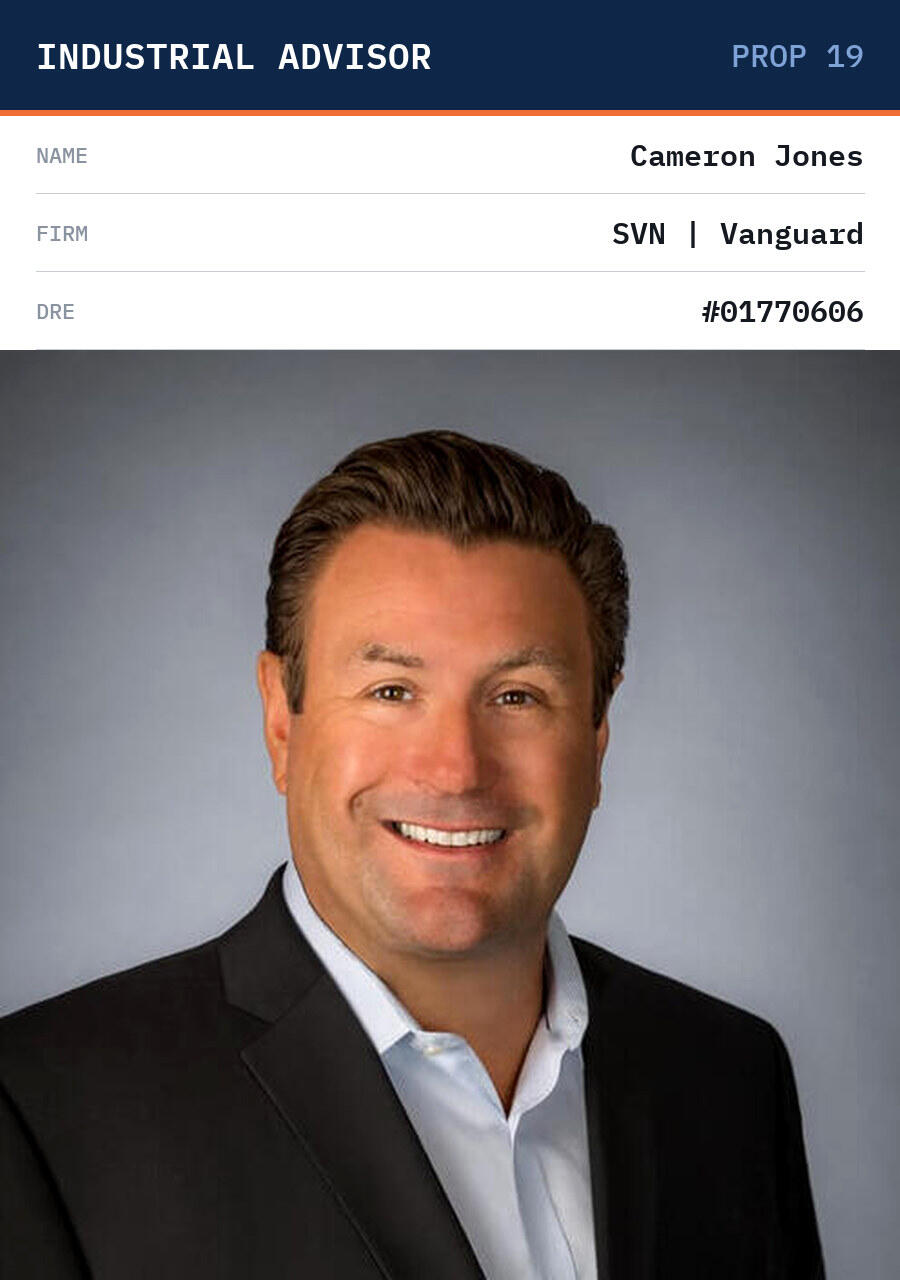 Cameron Jones SIOR — industrial real estate advisor Orange County Cameron Jones SIOR, Senior Vice President with SVN Vanguard SoCal Industrial Group, on site at a Southern California warehouse property